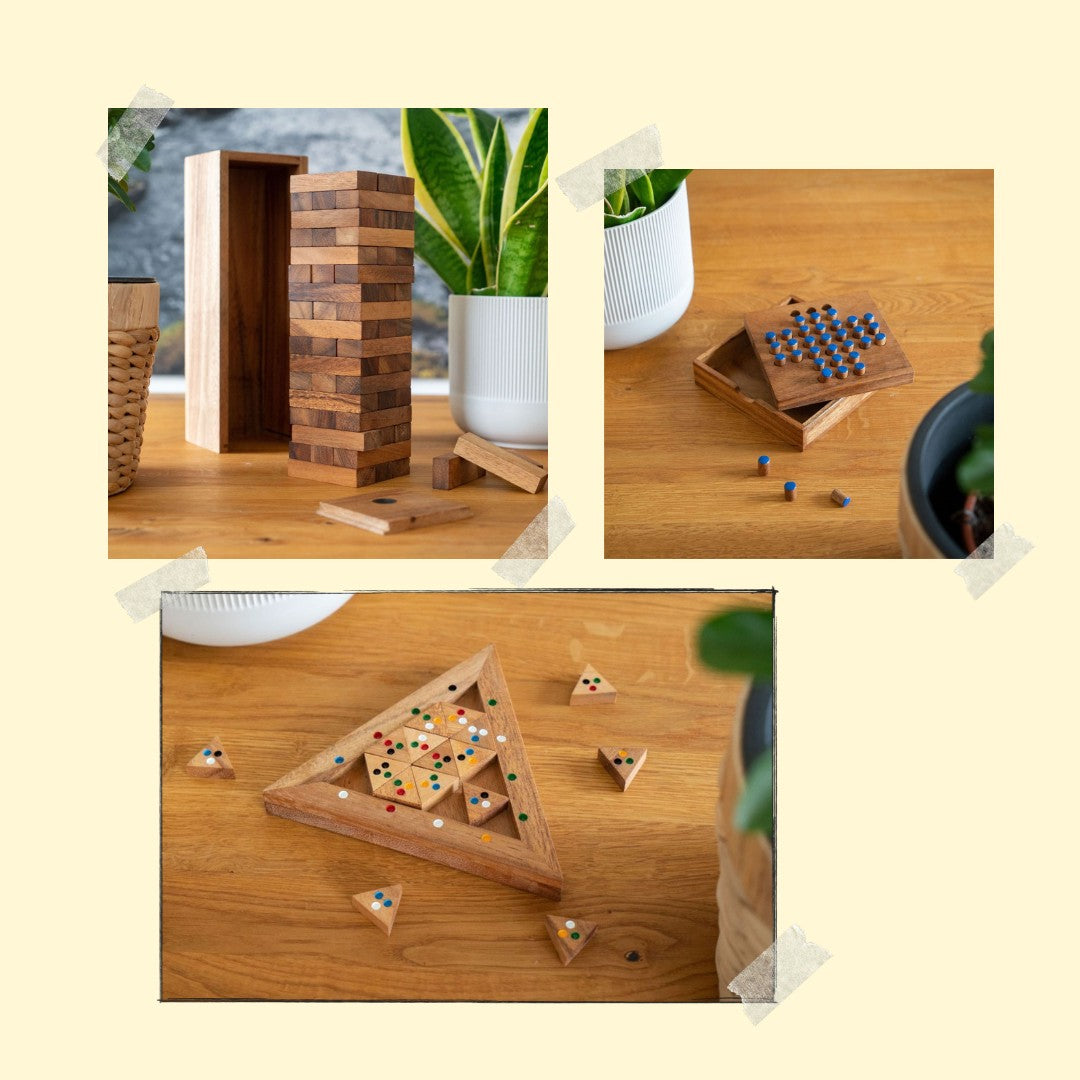 handgemaakte bord-, puzzel- en strategiespellen uit de oude doos