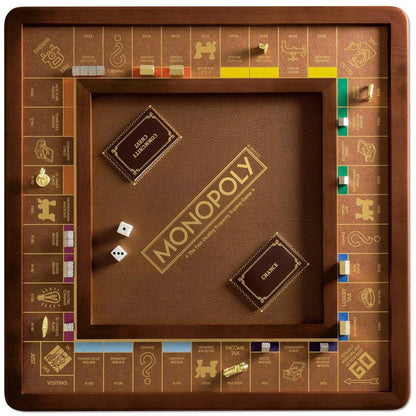 Luxury Monopoly board game with wooden frame, gold accents, and classic property spaces for family fun.