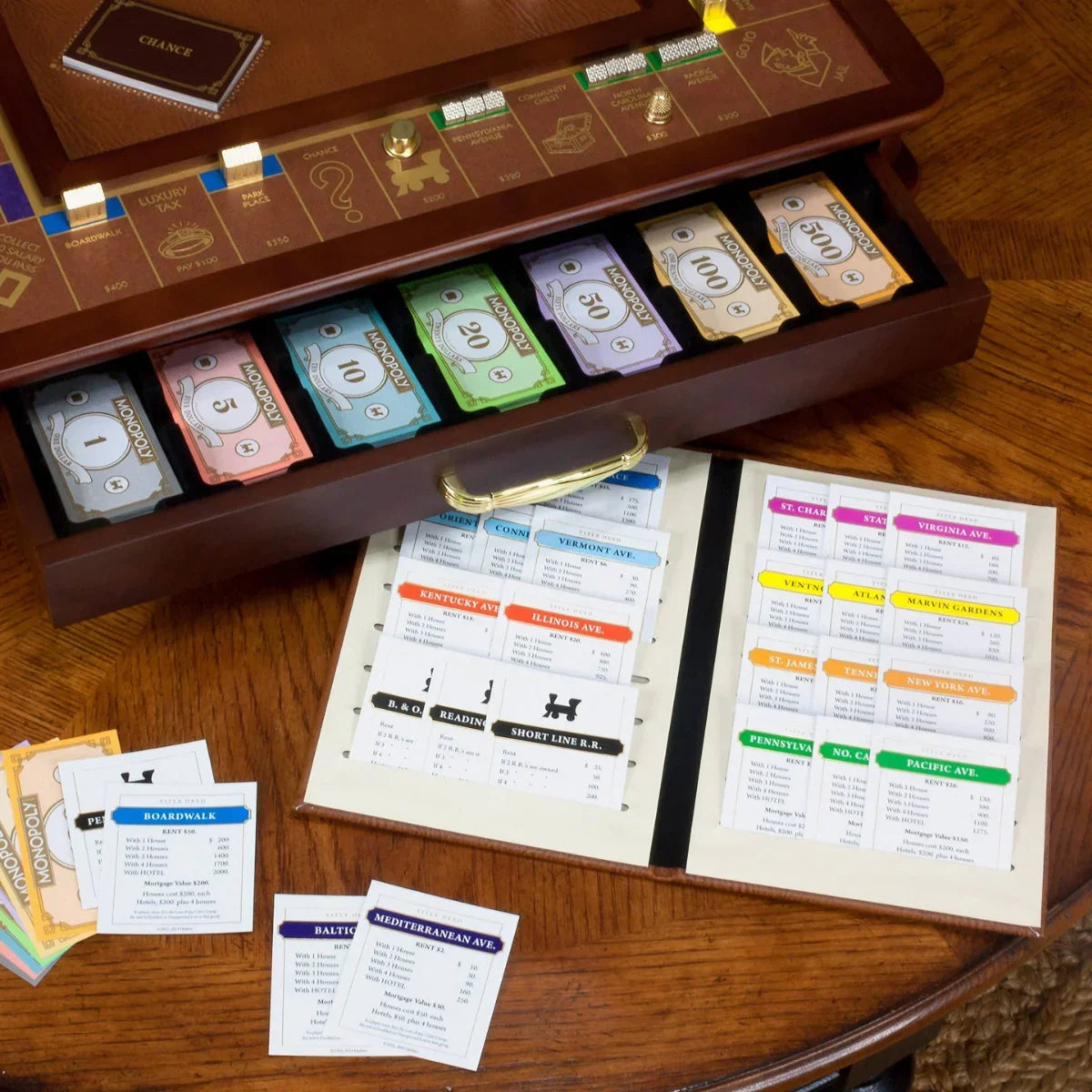 Luxury wooden Monopoly set with colorful money, property cards, and game board details