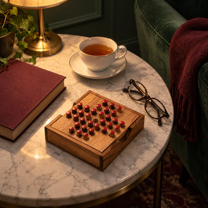Handgemaakt houten strategie spel met rode pionnen, duurzaam en plasticvrij voor jong en oud