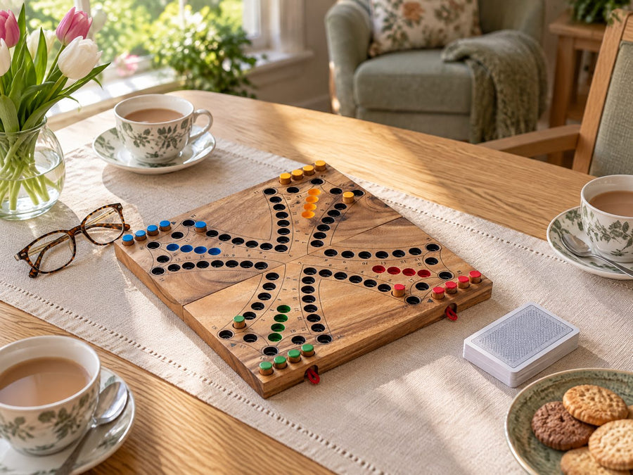 Houten keezenbord op tafel in een gezellige recreatieruimte