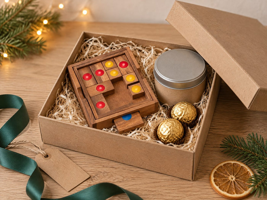 Houten schuifpuzzel in een kraft kerstpakket met thee en chocolade
