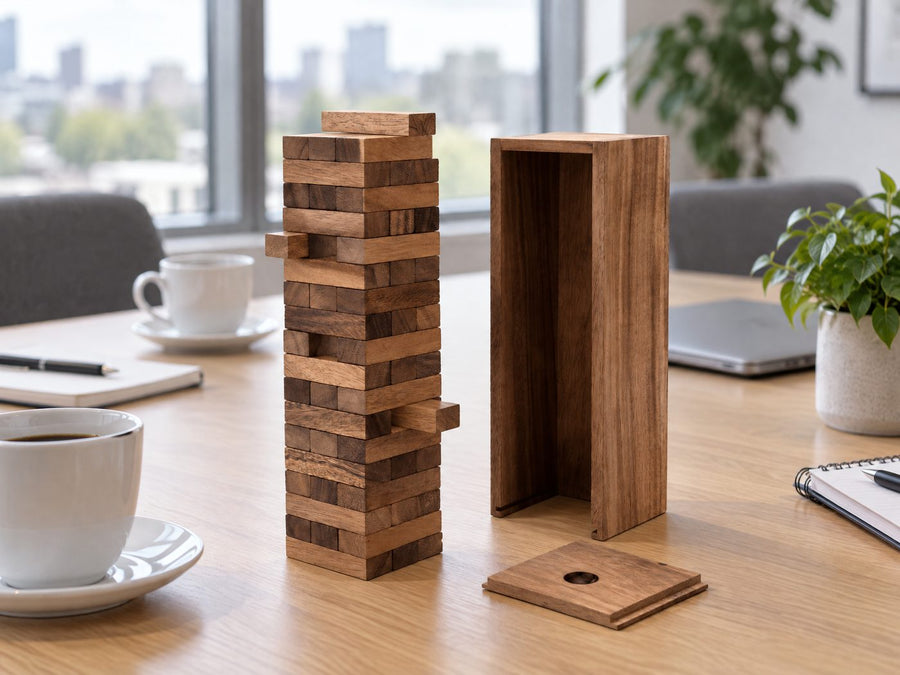Houten blokkentoren op een vergadertafel op kantoor