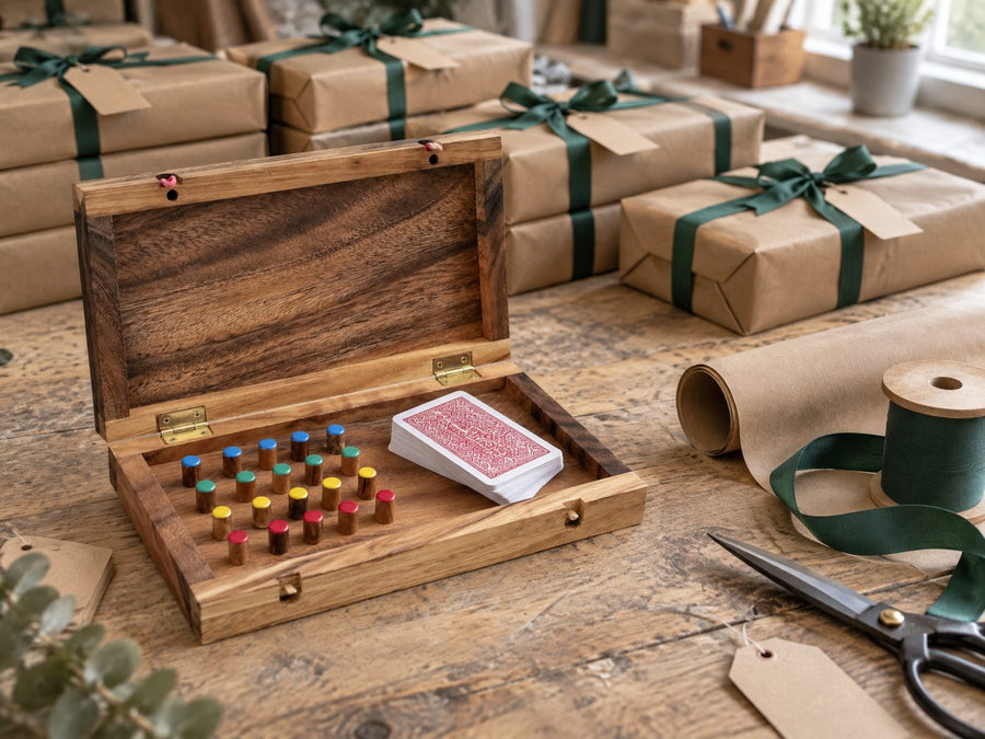 Open keezenkist voor een stapel ingepakte zakelijke cadeaus